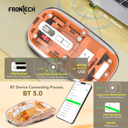 Image of FRONTECH 2.4G & Bluetooth Wireless Mouse | 3200 DPI | 5 Buttons | Transparent Ultra-Slim Design | 300mAh Rechargeable | USB to Type-C (MS-0075)