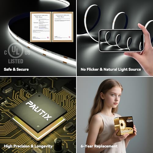Image of PAUTIX COB LED Strip Light 32.8ft,LED Lights UL-Listed Daylight White 6000K Strip Lights with RF Remote,Dimmable Super Bright 24V Cool White Natural White LED Tape Lights,Cabinet Office Lighting