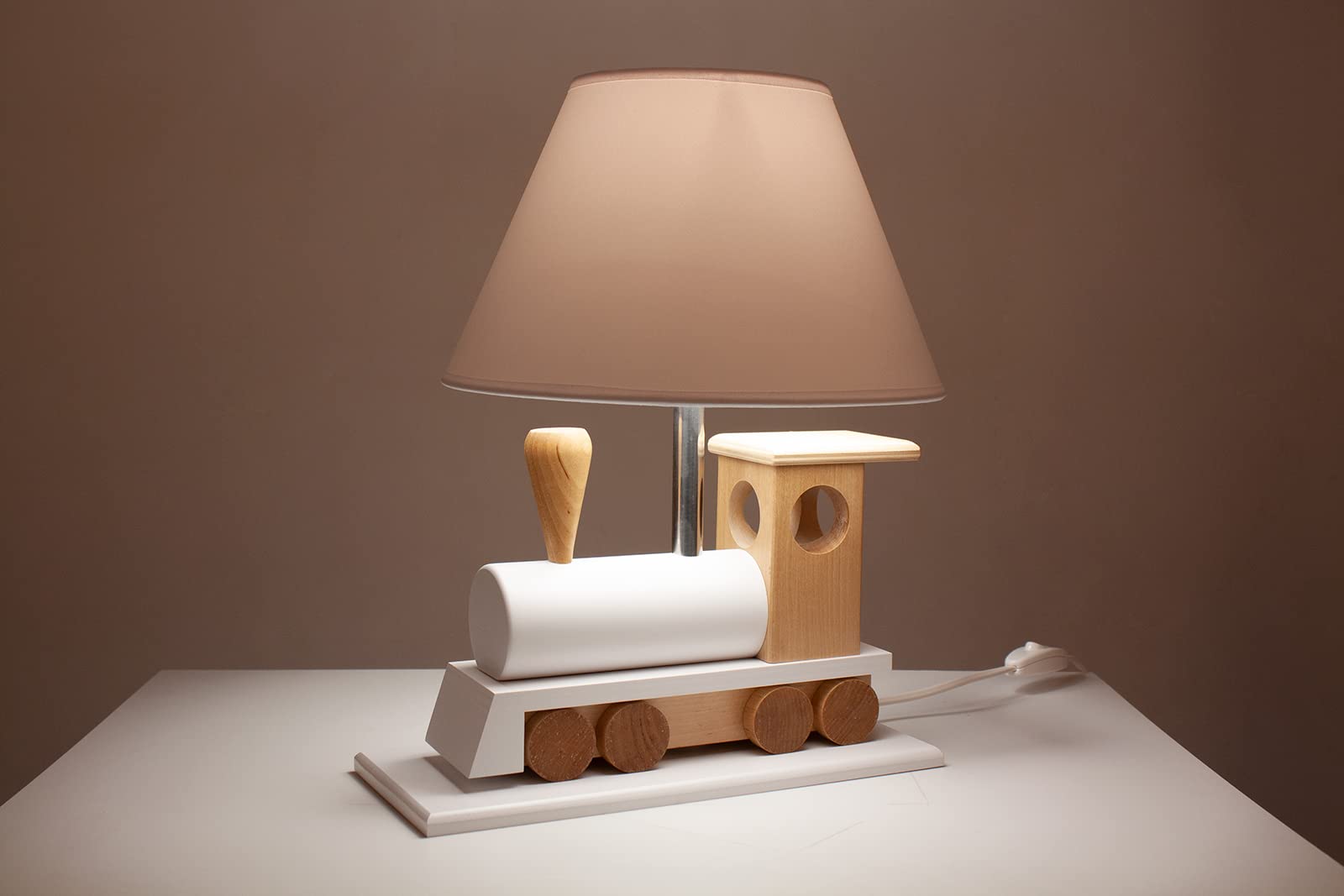 HELLUX Nachtlicht Baby aus Holz | LED Tischlampe Kinderzimmer mit Lokomotiv-Design | Nachttischlampe Kinder 39x14x27 cm für Babyzimmer | Kinder Lampe E27 (Weiß)