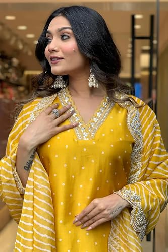 Image of Jwalin Women's Chinon Silk Embroidered Kurta and Pant Set with Dupatta|Kurta Set for Women|Ethnic Set|Kurti Set