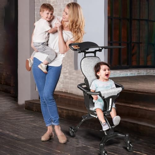 Kinderwagen, faltbar, ultraleicht, für 6 Monate bis 4 Jahre, Reisekinderwagen, tragbar, höhenverstellbar, 3-Punkt-Gurt, verstellbares Dach (schwarz grau - faltbar)