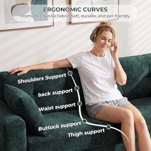 Image of 87 inch Loveseat Sofa for Living Room, Chenille Couch with USB /Type-C Charging Ports, Side Pockets, Removable Cover, Wide Armrests, Small Couch for Small Space, Easy to Assemble, Green
