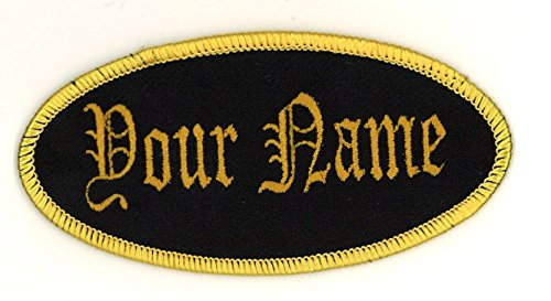 Oval Name Patch Uniform Work Shirt Custom Embroidery Black and Gold Border, Sew