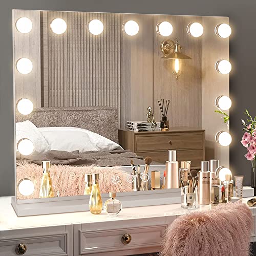 NeuType 23'x19' Vanity Mirror with Lights,Make Up Mirror with Lighting,Lighted Makeup Mirror with Magnification,Smart Touch Control,Charging Station,3 Color Lightings,15 Dimmable Bulbs