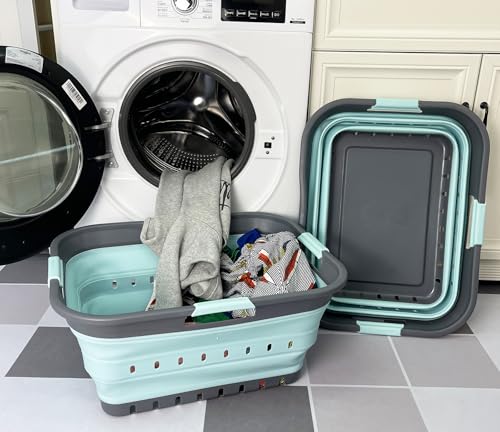 Image of SAMMART 42 (11 Gallons) Collapsible Plastic Laundry Basket, Foldable Pop Up Storage Container /Organizer, Space Saving Hamper, Portable Bin for Dorm Room Bathroom (2, Grey /Lake Green)