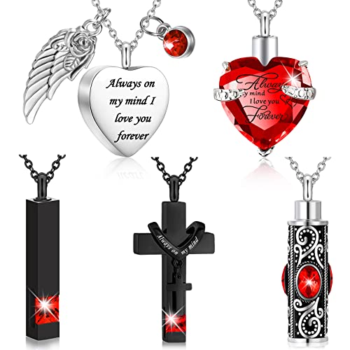 Fumete 5 Pcs Urn Necklace for Ashes Cremation Jewelry Necklace Set for Ashes Memorial Keepsake Heart Cross Cubic Stainless Steel Urn Jewelry for Loved One or Pet Women Men 5 Styles(Red)