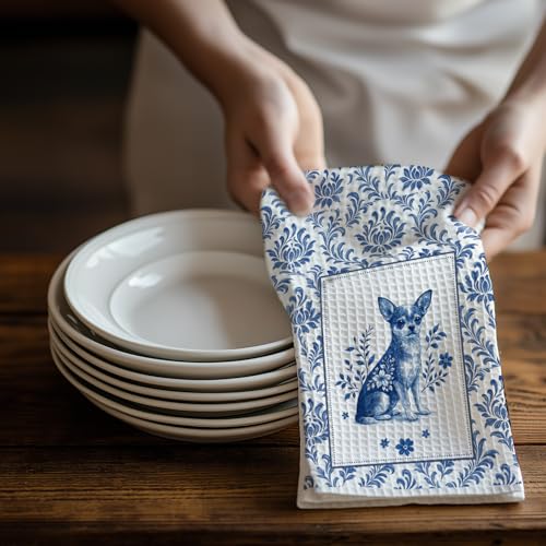 Image of Chinoiserie Chihuahua Kitchen & Hand Towels Set of 2, Blue and White Floral Dog Dish & Tea Towels for Kitchen Bathroom Decor, Vintage Toile Dog Lover Gifts for Women 16x24 Inch