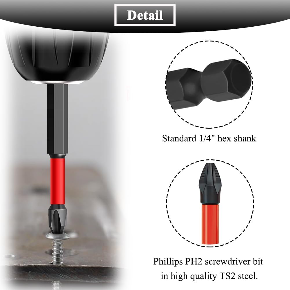 10PCS 2 Inch Magnetic Phillips Screwdriver Bit Set 1/4 Inch Hex Shank Impact Driver Bit Ph2 Anti Slip Screwdriver Bit TS2 Steel