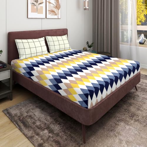 Image of RD TREND Presents Luxurious Supersoft Cotton Feel 210 Tc (100x108 Inch) bedsheet for Double Bed King Size with 2 Pillow Covers Size 18x28 (Yellow Zigzag, King Size 100x108)