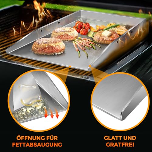 Grillplatte Plancha Geschenke für Männer Frauen, mit 2 Grillspachtel Set, 4mm Dickem Edelstahl BBQ mit Abnehmbar Griffen, für Gasgrill und Holzkohlegrill 40 x 30 x 4 cm, 6