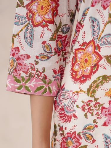 Image of GOODHAND Pure Cotton Floral Printed Long Kurta for Women | Straight Fit Ethnic Kurta | Round Neck 3 /4 Sleeve Kurta