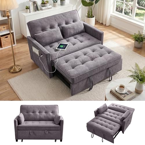 Image of Dreamzie 55'' 3 in 1 Convertible Sofa Bed with USB Charging Ports, Pull Out Couch with Adjustable Backrest and Side Pockets, Sleeper Sofa for Living Room, Apartment, RV, Easy Assembly - Grey