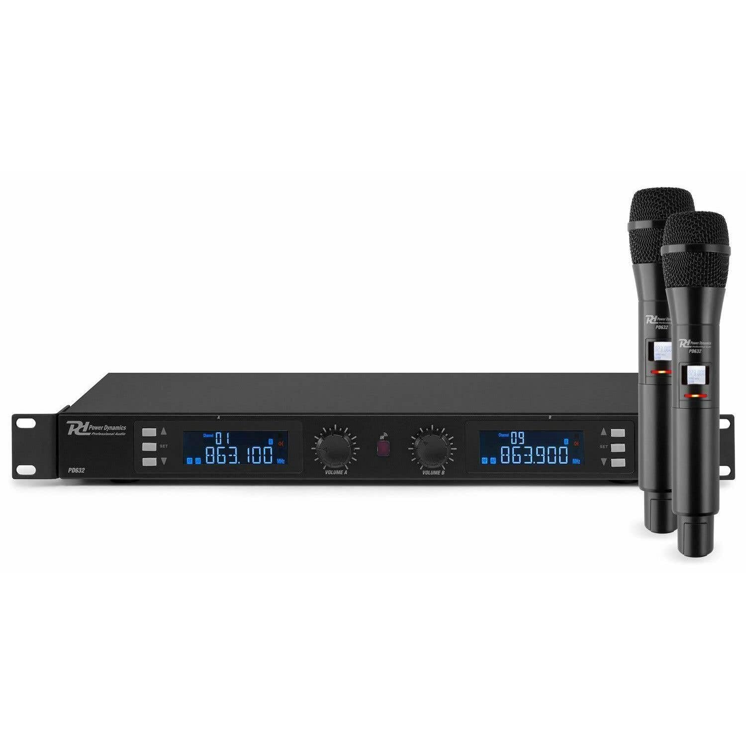 Power Dynamics PD632H Drahtloses Mikrofon System, UHF Funkmikrofon, Empfänger, 2 Handmicrofonen, 20 Kanal Empfänger - Schwarz