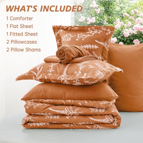 Image of MUXHOMO California King Comforter Set, Burnt Orange Elegant Floral Print Bed in a Bag 7 Pieces, Soft & Breathable Reversible Botanical Pattern Bedding Set with Comforter, Sheets, Pillowcases & Shams