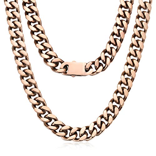 ROWIN&CO Mens Chain, 18K Gold Black Silver Rose Gold Rainbow Stainless Steel Miami Curb Cuban Link Chain, Heavy Choker Necklaces for Men, Punk Chain Hip Hop Jewelry (Rose Gold, 18)