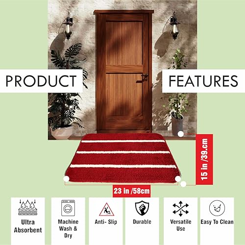 Image of Pure Source India Microfiber Anti-Slip Water Absorbent Door Mat, Three Strips Design (58cm x 39cm) Red Color Entrance Floor Mat for Home Bedroom Bathroom Pack of 1