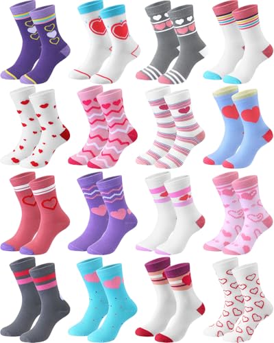 16 Pairs Socks for Girls Kids Pink Crew Cotton Socks with Stripes Hearts Soft Casual Athletic 6-10 Years Crew Sock for Girl