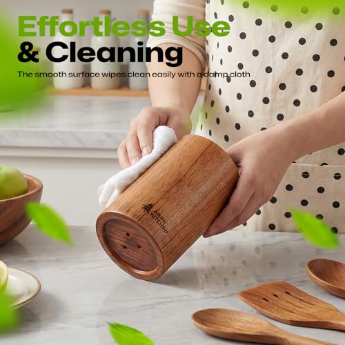 AIUHI Wood Utensil Holder for Kitchen Counter, Wooden Utensil Crock, Kitchen Utensil Organizer, 5.9"x 3.5" Large Spatula and Spoon Holders - Image 5
