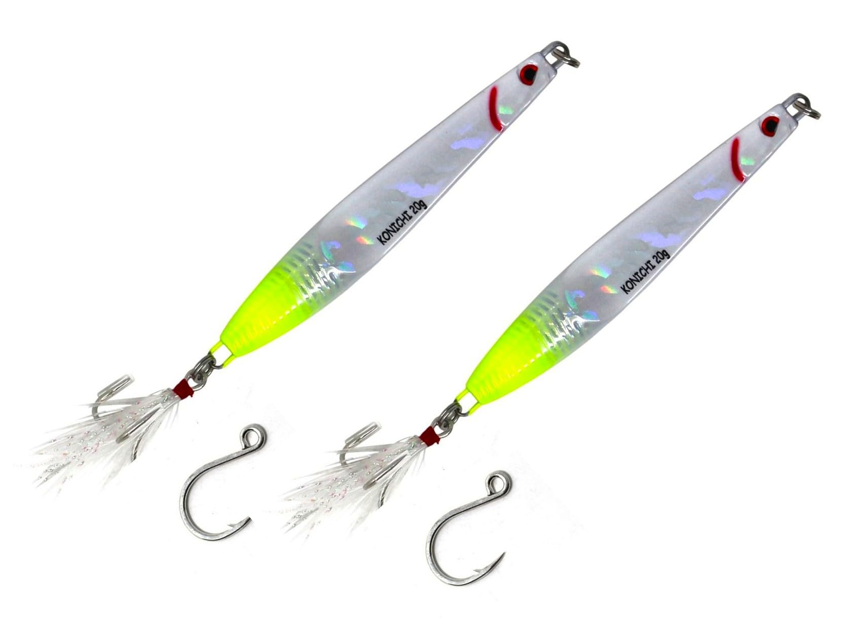 FISHZONE - 2 x KONICHI RIP RIDER Long Cast Fishing Lures - 10.50cm / 35g - Dressed Marine Mylar Treble & In-line 3/0 Hook (4 Colours Designs) For Bass & Predatory Fishing (20G)