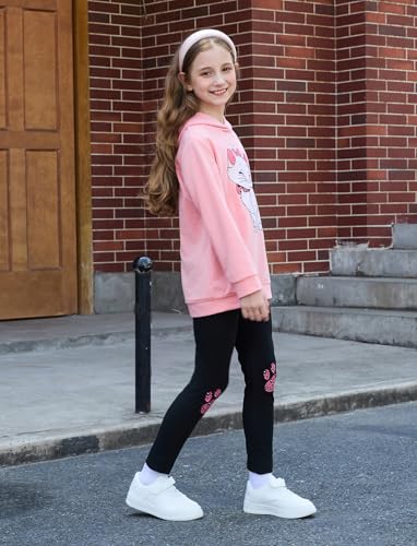 Image of PATPAT Girls 2 Piece Outfits Size 10-11 Years Pink Cat Print Hoodies and Black Leggings Clothing Sets Preppy Clothes For Girls Oversized Hoodie Sweat Set Sweatshirt Pant Sets