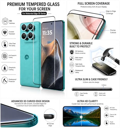 Image of FIRST MART UV Tempered Glass for Motorola Edge 60 Fusion With Blue Camera Ring Guard Combo | Crystal Clear Curved Screen Protector, Case-Friendly, Scratch Resistant | Pack of 1
