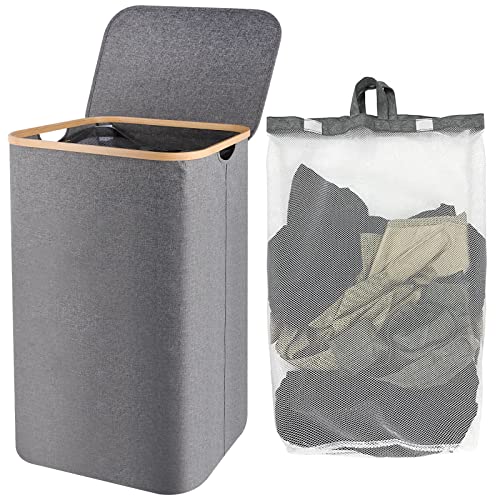 Großer Wäschekorb mit Deckel - Faltbarer Wäschekorb mit Bambusgriffen, 100L Wäschekorb für Kleidung und Spielzeugaufbewahrung, Wäschekörbe für Wäsche mit Innentasche für Badezimmer, Schlafzimmer Cover