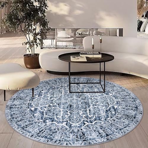 KUTA Vintage Round Rugs 5ft, Blue White Washable Circle Rug 5ft, Non-Slip Printed Floral Medallion Carpet for Living Room, Soft Cozy Dining Kitchen Throw for Entryway