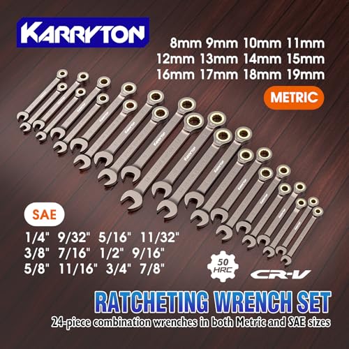 Image of 24-Piece Ratcheting Wrench Set (Metric & SAE),72 Teeth Ratchet Combination Wrenches Set with Organizer Racks,Cr-V Steel,8-19mm & 1 /4-7 /8 inch,Black Nickel Handle with Golden Ratchet