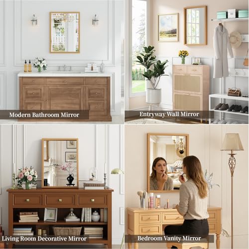 Image of Syndra Natural Wood Frame Bathroom Mirror, 22x30'' Modern Vanity Mirror for Wall, Waterproof Slim Deep Frame, Rectangular HD Tempered Glass Mirror for Living Room, Bedroom, Entryway, Rustic, Farmhouse