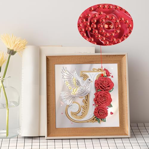 Image of AiYuanzsh 5D Diamond Art Kits for Adults Letter J, Joyful Floral Rose & Dove Special Shape Diamond Painting for Beginners, DIY Initial Diamond Art Craft for Home Wall Decoration 17x17cm