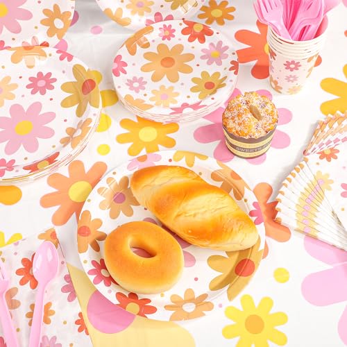 Image of Groovy Party Supplies Daisy Groovy Tableware Set Serves 24 Include Boho Daisy Tablecloth Hippie Tableware Set for Boho Hippie Retro Birthday Baby Shower Party Decor