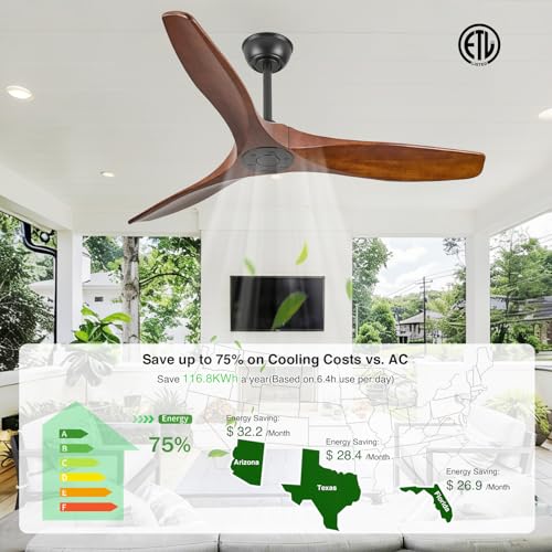 52 Inch Ceiling Fan No Light, 3-Blade Walnut Wood Ceiling Fan with Remote - image 3