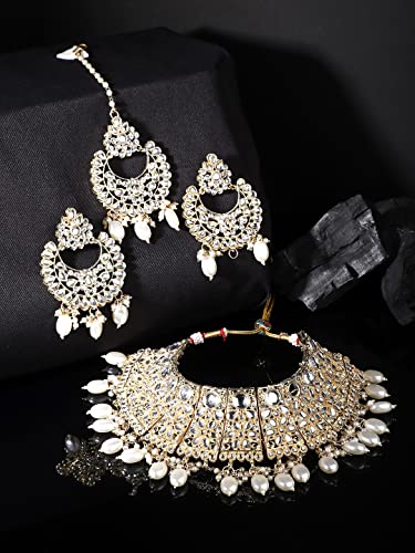 Image of Yellow Chimes Jewellery Set for Women Kundan Studded Beads Drop Choker Necklace Set with Earrings for Women and Girls