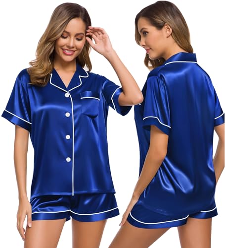 Image of SWOMOG Womens Silk Satin Pajamas Set Short Sleeve Sleepwear Button Down Top and Shorts Loungewear 2 Piece Pjs Set XS-3XL