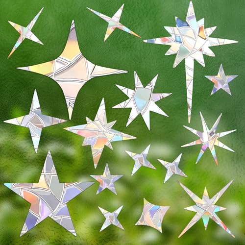 Ouligay 32 PCS Window Stickers to Deter Birds Window Decals for Glass Star Circle Rainbow Windows Clings Non Adhesive Static Window Clings