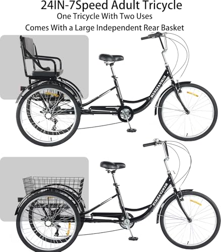 Triciclo para adultos de 24 pulgadas, 7 velocidades, tipo paseo, con canasto trasero amplio, para mujeres y personas mayores, carga máxima 550 lb miniatura 4