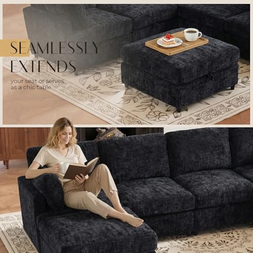 Image of 122.6 inch Chenille Modular Sectional 6 Seater Sofa, Deep Seat Couch with Ottoman & Removable Covers, Free Combination Modern Couch, L /U Shaped Modular Sectional Sofa, for Living Room, Apartment, Black
