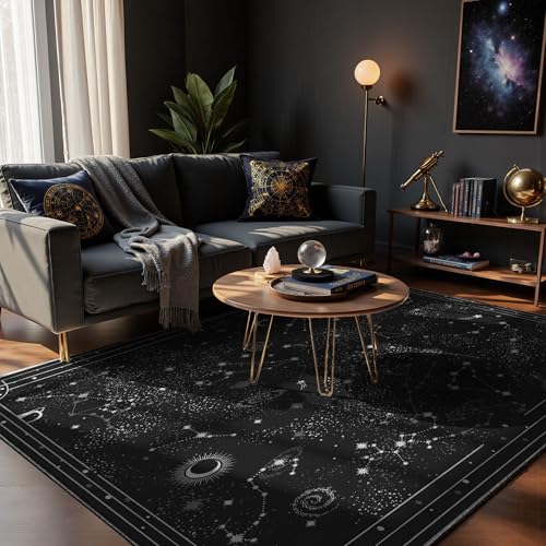 Celestial Starry Night Sky Area Rug 8x10 - Black Gothic Constellation Carpet with Moon Phases & Nebulas Soft Machine Washable Non-Slip Rug for Dark Academia Witchy Bedroom Cosy Living Room