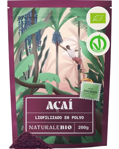 NaturaleBio Bayas de Acai Orgánico en Polvo - Freeze-Dried - 200g. Pure Acaí Berry Powder Extracto Crudo de la Pulpa de la Baya de açaí liofilizado. Bio cultivado en Brasil. Superalimento Ecológico.