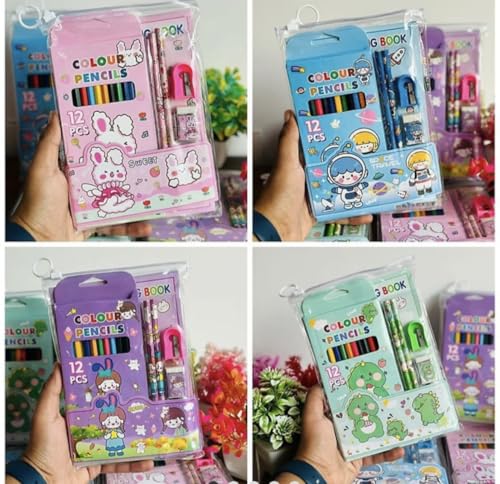 Image of Pack of 6 Colorful gift Set - Cartoon-Themed Stationery with colour Pencils, Sharpener, Eraser, and coloring book. Birthday returns gifts for kids party in bulk (Design 6)