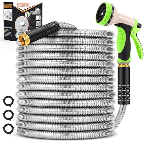 Garden Hose 50 ft, Stainless Steel Water Hose with 10 Function Nozzle Flexible, Heavy Duty, Lightweight, No-Kink, Pet Proof, Puncture Proof Hose Metal for Yard, Outdoor