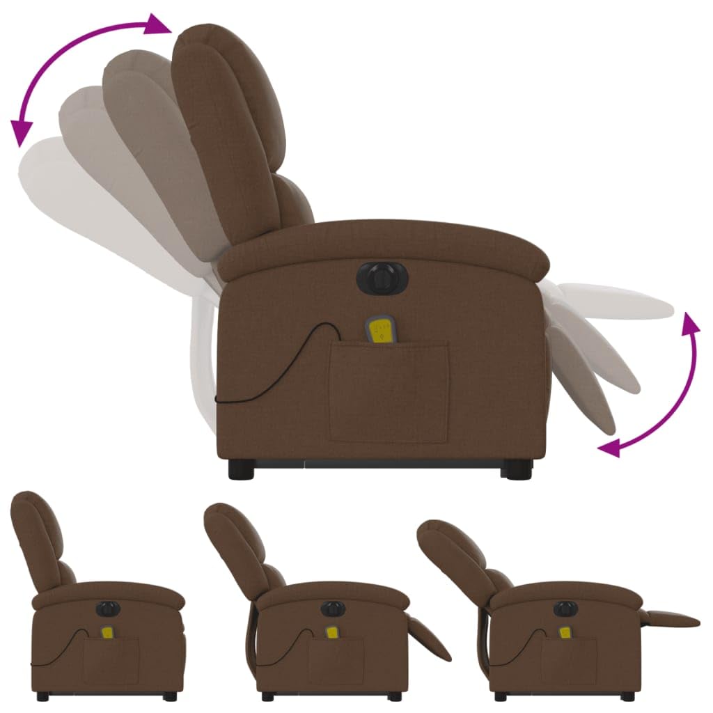Sillón elevador eléctrico reclinable con masaje de 6 puntos, tejido marrón, función elevación y vibración, estructura estable de madera y metal, cómoda con bolsillo