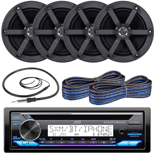 JVC Single DIN Headunit Bluetooth Radio USB AUX AM/FM CD Player Marine Receiver Bundle Combo with 2 Pairs (Qty 4) 6.5