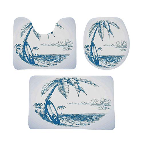 サーフの装飾 玄関マット 便器の装飾 バスマット トイレマット 3点セット サーフボードのヤシの木と海の水 防音 ラグマット 洗える おしゃれ 50*80cm ハワイアンビーチの現代的なスケッチ図 青白