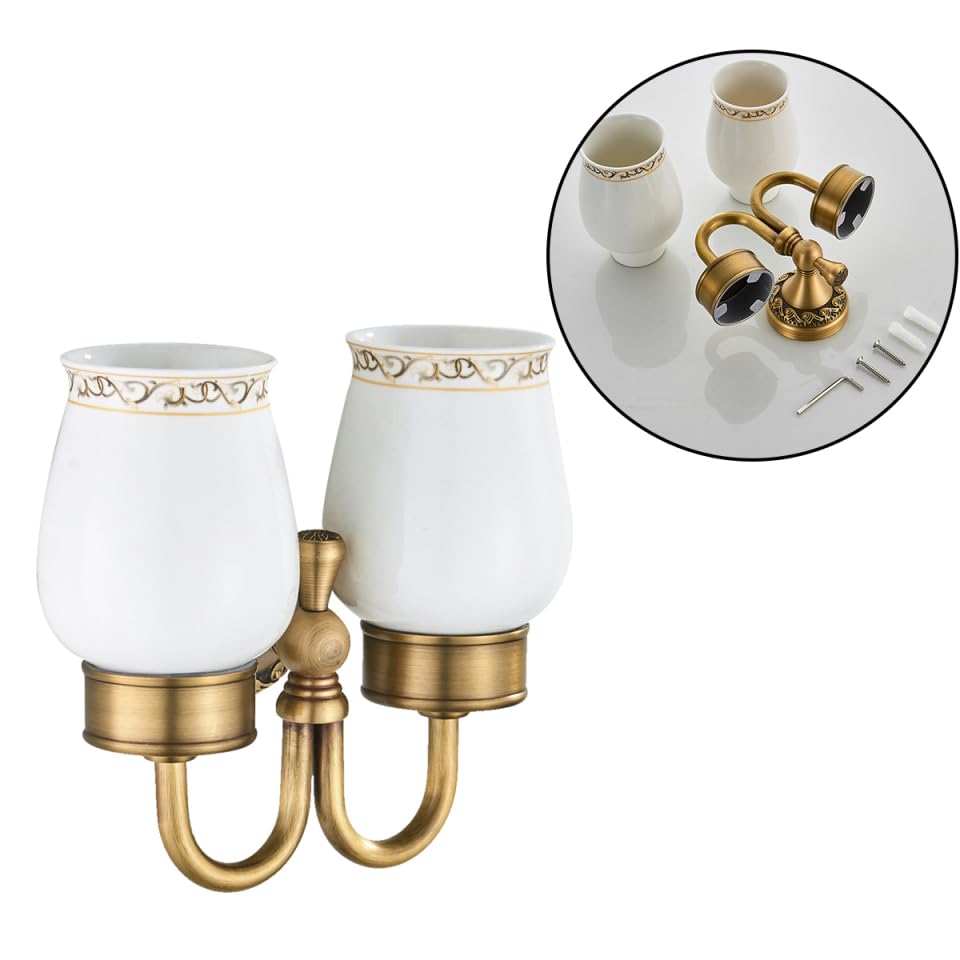 Cabilock Portabicchiere da parete in rame lucido per spazzolino da denti da bagno doppio portabicchieri in ceramica installazione facile per la casa | Doppio supporto da parete con due bicchieri in ceramica per spazzolini da denti e accessori per lavabo