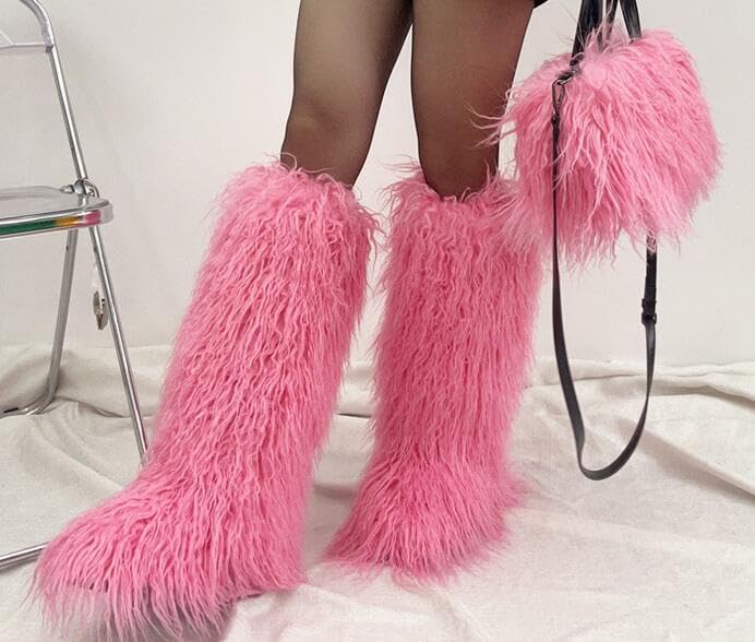 Image of Valpeak Faux Fur Tall Furry Boots for Womens,Long Winter Boots for Girls,Mongolian Fluffy Boots for Kids Fuzzy Knee-High Boots