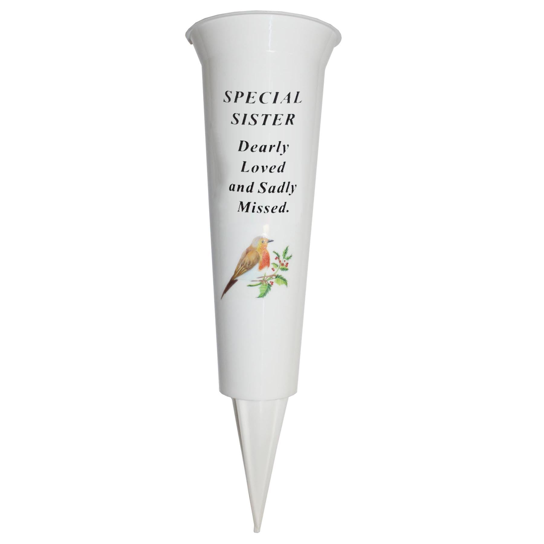 Widdle Gifts Sister 8774 Memorial Grave Flower Pot - 33Cm Tall Sturdy White Memorial Graveside Flower Vase With Spike And Robin Image (Sister 8774)