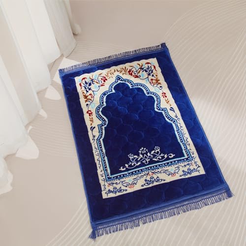 Muslim Prayer Rug with Tasbih Prayer Beads, Soft Large Prayer Matt Islam, Padded Islamic Prayer Mat Thick for Men and Women, Janamaz, Sajadah (31.5" x 47.2", Royal Blue)