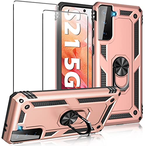 Image of Case for Samsung Galaxy S21 5G Case Heavy Duty with Built in Screen Protector Hard Armor Military Anti-Fall Bumper Cover for Samsung S21 5G 6.2 2021 Phone Cases with Magnetic Ring Kickstand (Pink)