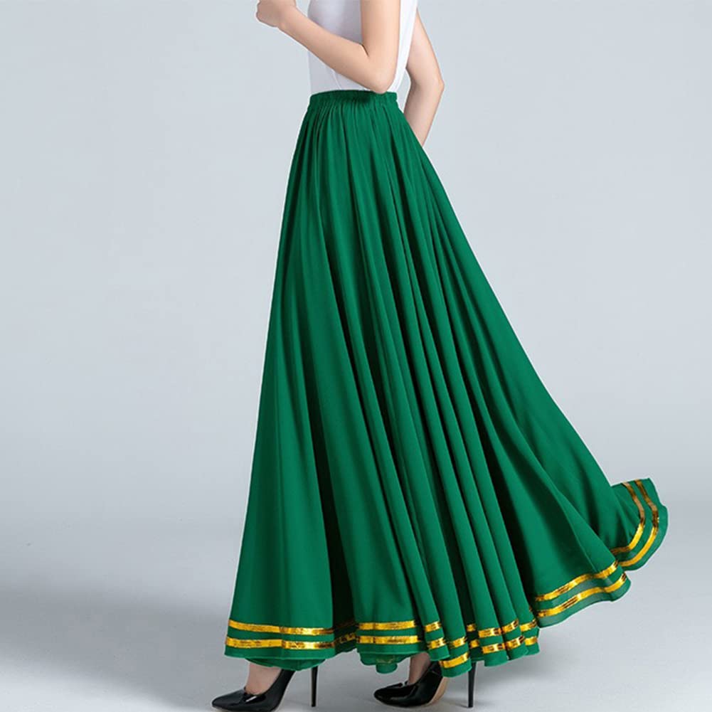 Damen Eine Linie Plissee Tanzrock Glänzender Langer Rock Hohe Taille Großes Swing Röcke Chiffon Maxirock Frauen Tanzkleid Bauchtanz Rock Flamenco Rock Latein Tango Ballett Tanz Performance Kostüm